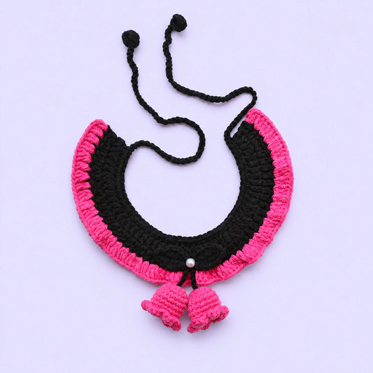 Black-and-Pink Bow Tassel Crochet Pet Collar