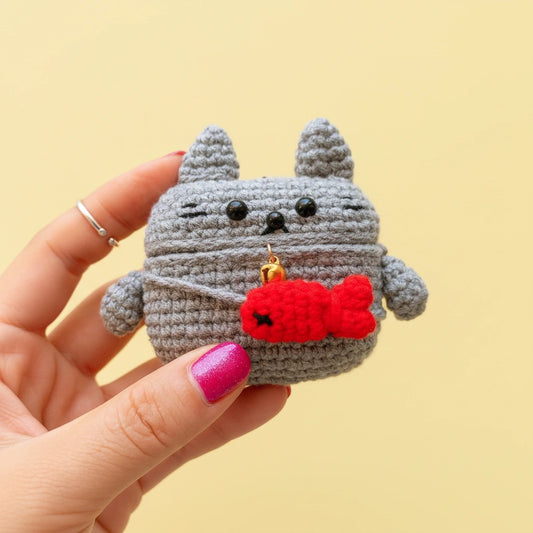 Gray Cat Crochet AirPods Case