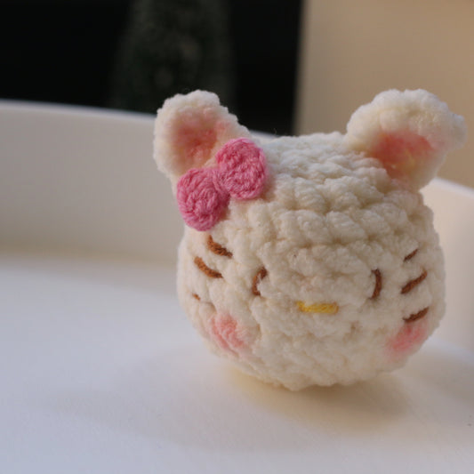 White Cat Pink Bow Crochet Plush Keychain