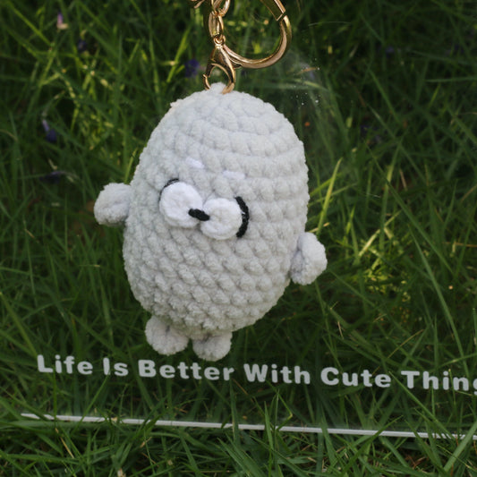 Gray Wide-Eyed Oval Creature Crochet Plush Keychain