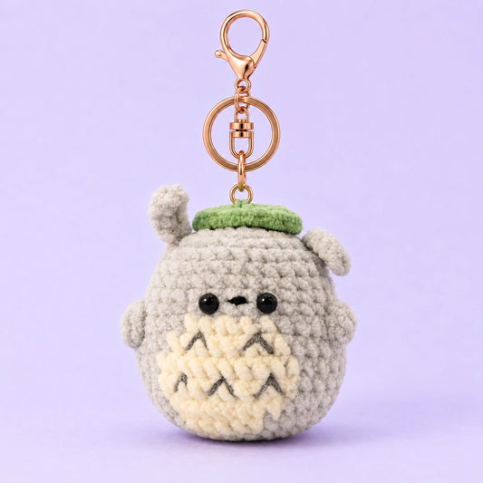 Gray Leaf-Hat Forest Creature Crochet Plush Keychain