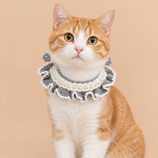 Gray Pearl Ruffle Crochet Pet Collar