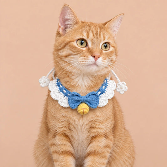 Blue Bow Bell Ruffle Crochet Pet Collar