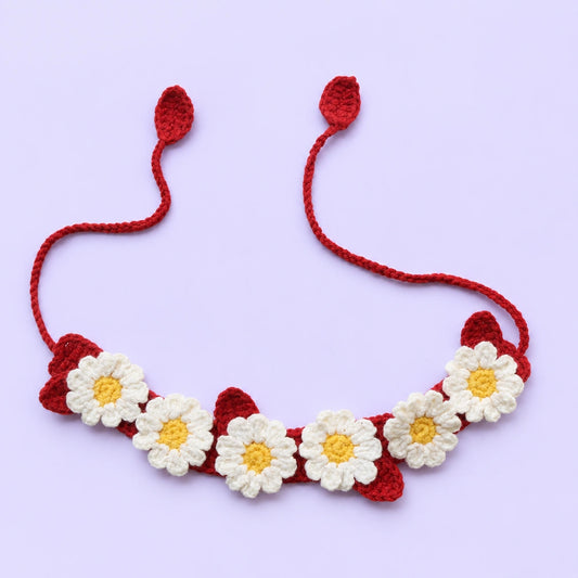 White Daisy and Strawberry Crochet Pet Collar