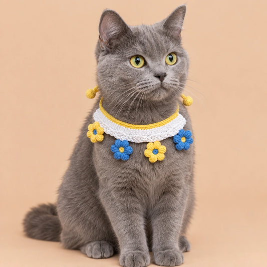 Blue-and-Yellow Flower Crochet Pet Collar