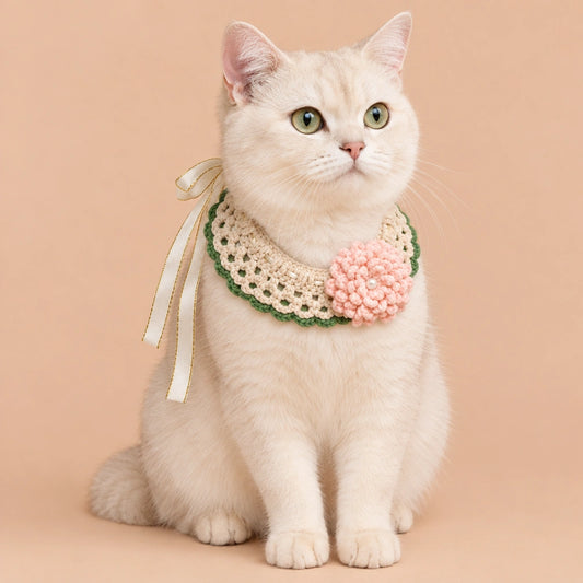 Beige Ribbon Flower Crochet Pet Collar