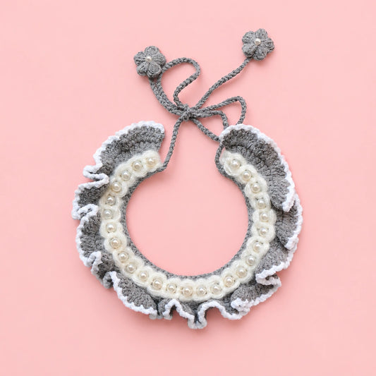 Gray Pearl Ruffle Crochet Pet Collar