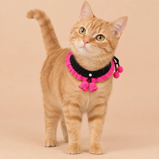 Black-and-Pink Bow Tassel Crochet Pet Collar