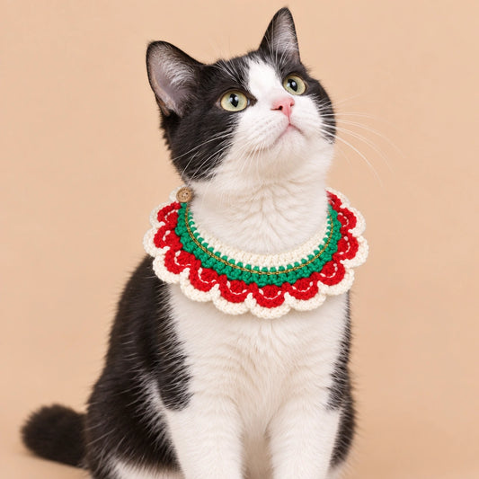 Red-and-Green Christmas Wreath Crochet Pet Collar