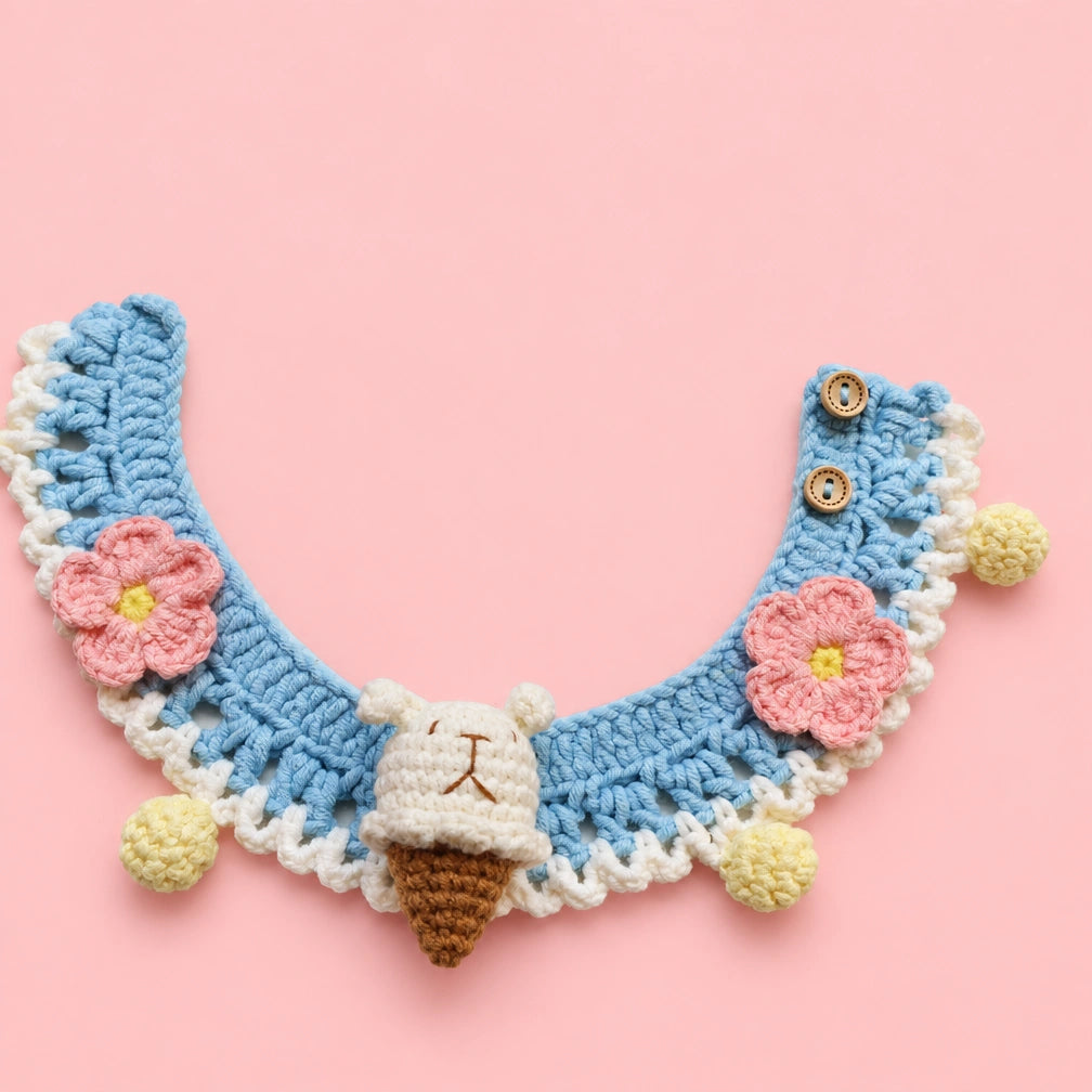 Blue Pastel Flower Ruffle Crochet Pet Collar