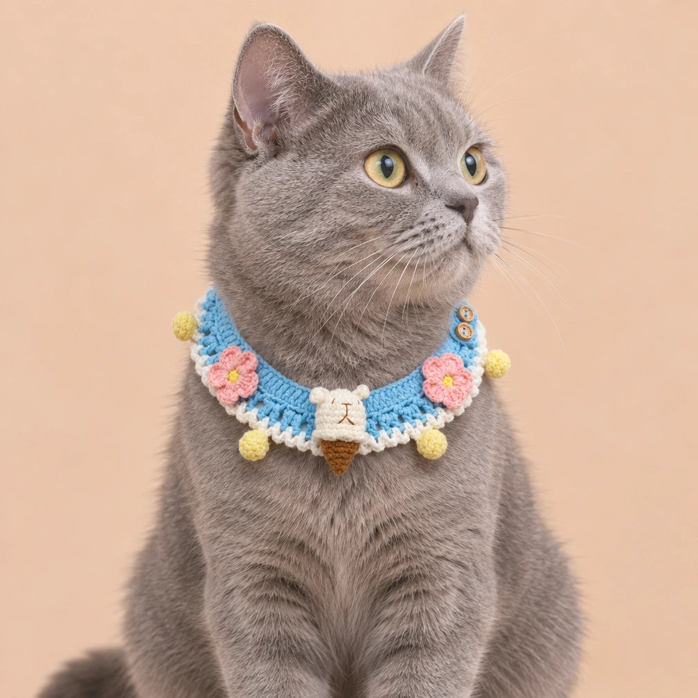 Blue Pastel Flower Ruffle Crochet Pet Collar
