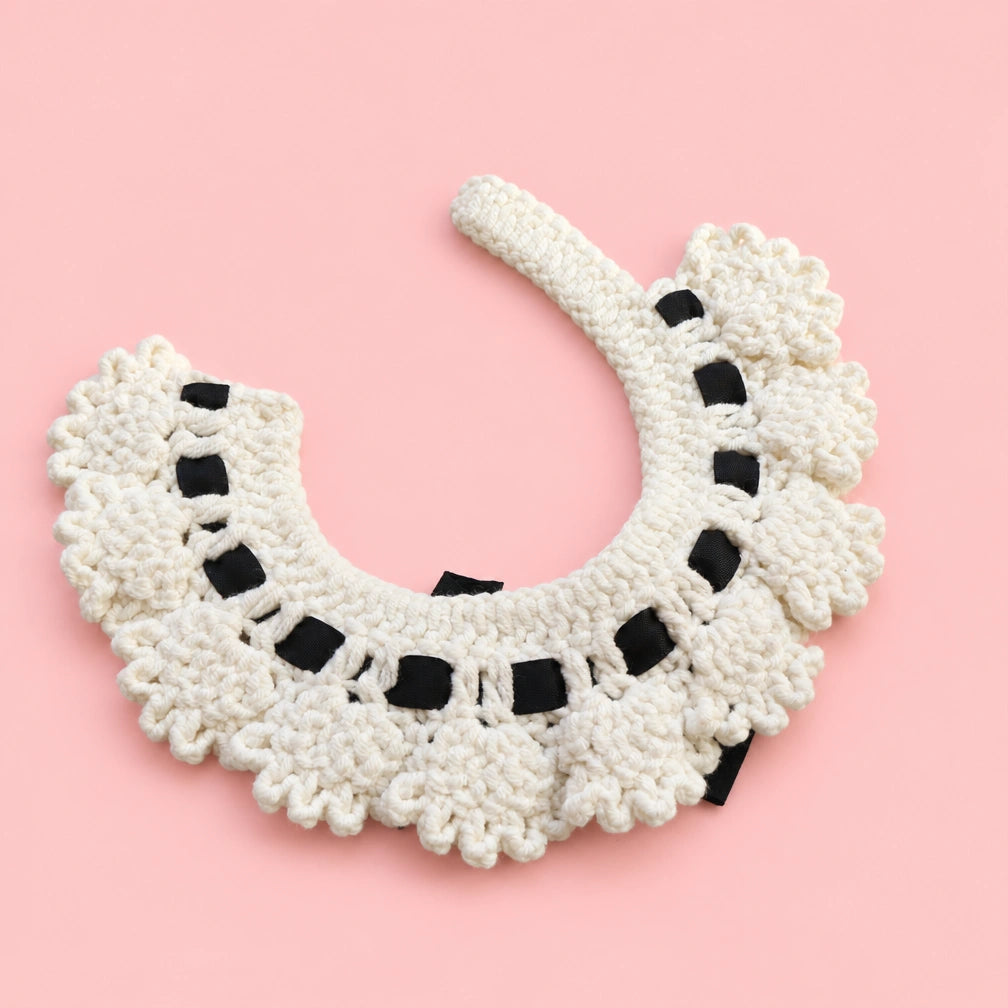 Ivory Black-Ribbon Tuxedo Crochet Pet Collar