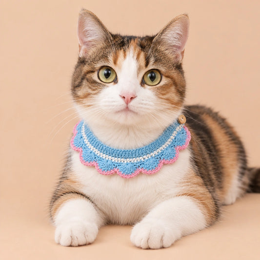 Blue-and-Pink Scallop Crochet Pet Collar