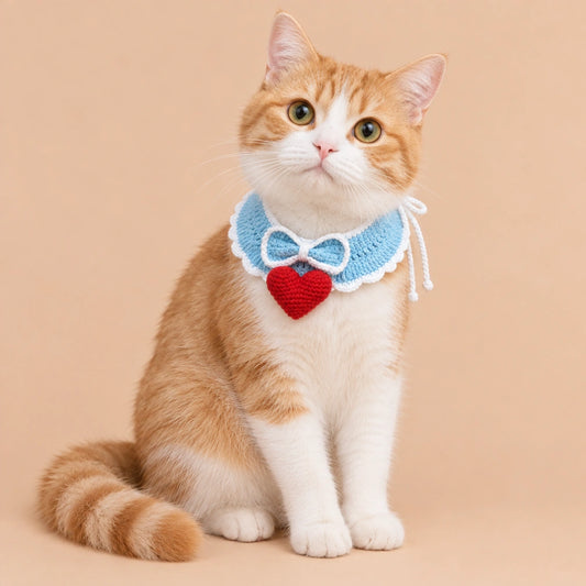 Blue Bow Heart Bib Crochet Pet Collar