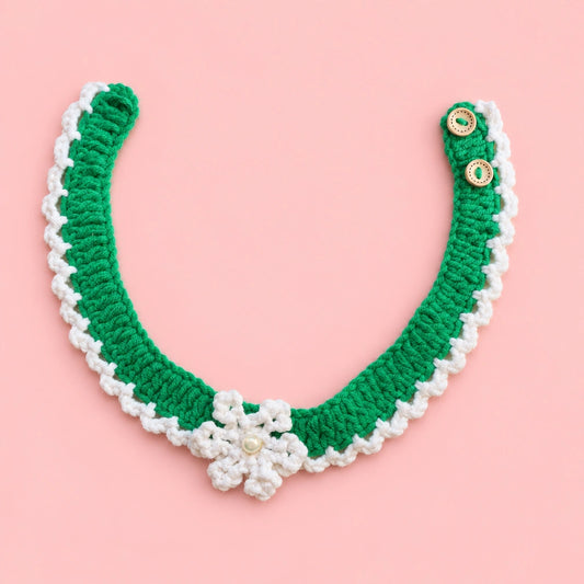 Green-and-White Flower Ruffle Crochet Pet Collar