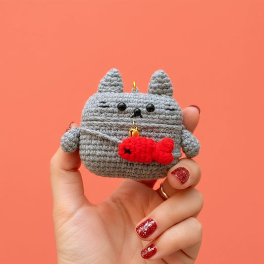 Gray Cat Crochet AirPods Case