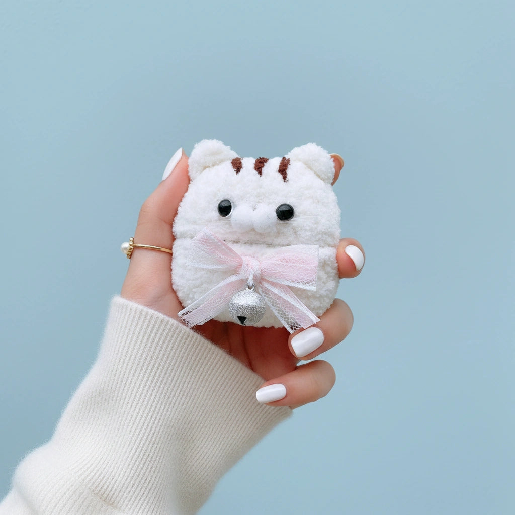White Cat Crochet AirPods Case