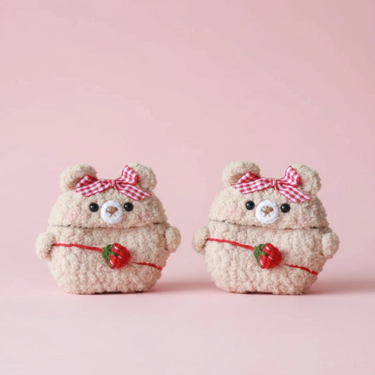 Light Brown Strawberry Bear Crochet AirPods Case