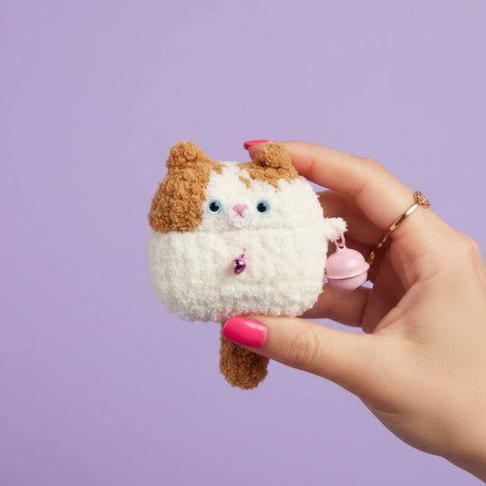 Brown and White Cat Crochet AirPods Case