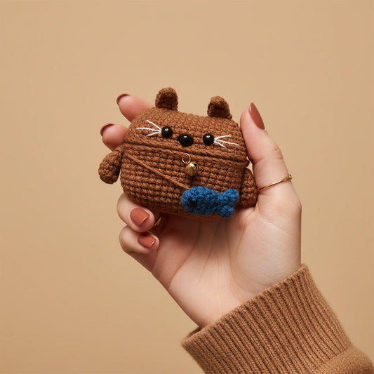 Brown Cat Crochet AirPods Case