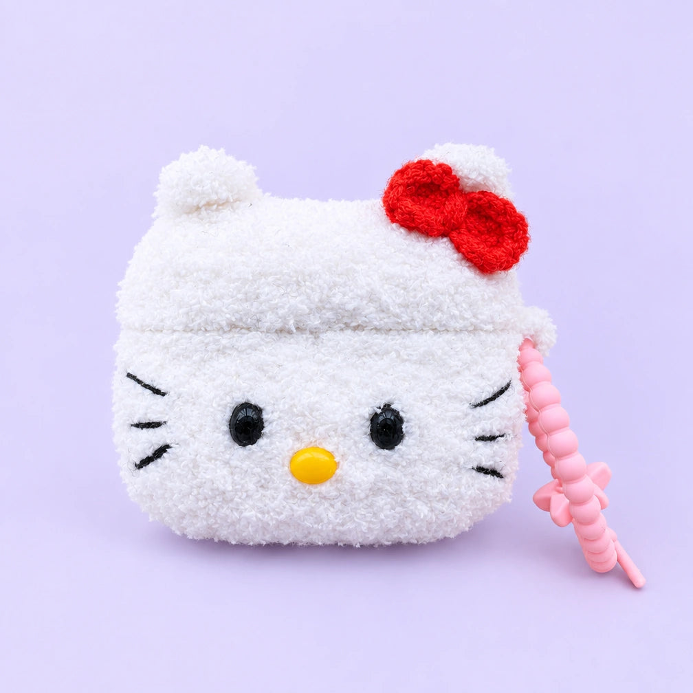 White Cat Red Bow Crochet AirPods Case