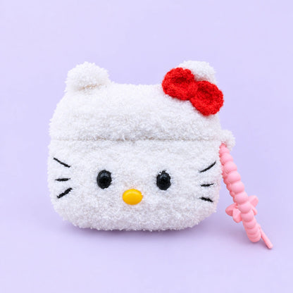 White Cat Red Bow Crochet AirPods Case