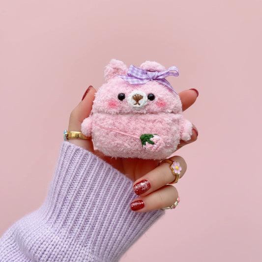 Pink Strawberry Bear Crochet AirPods Case