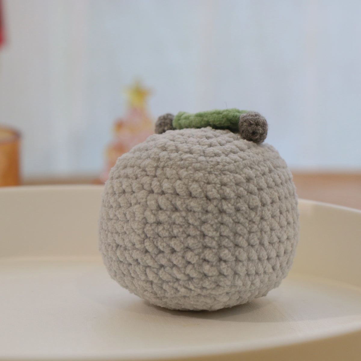 Blushing Gray Leaf-Hat Forest Creature Crochet Plush Keychain