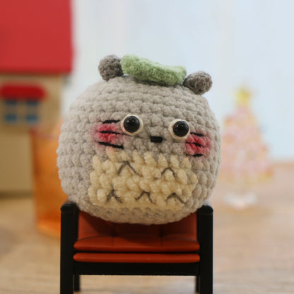 Blushing Gray Leaf-Hat Forest Creature Crochet Plush Keychain