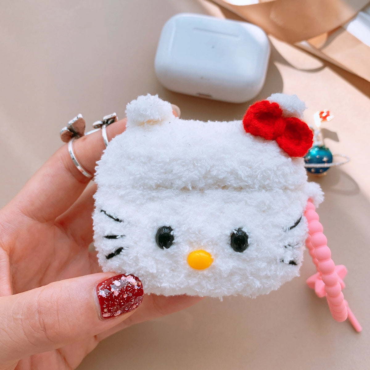 White Cat Red Bow Crochet AirPods Case