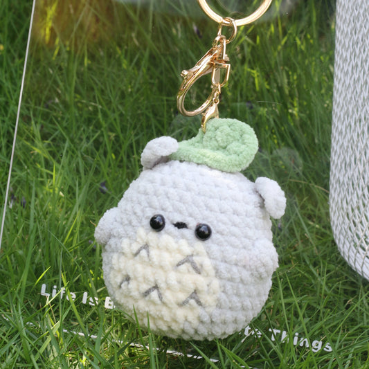 Gray Leaf-Hat Forest Creature Crochet Plush Keychain
