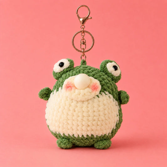 Green-and-Cream Frog Crochet Plush Keychain