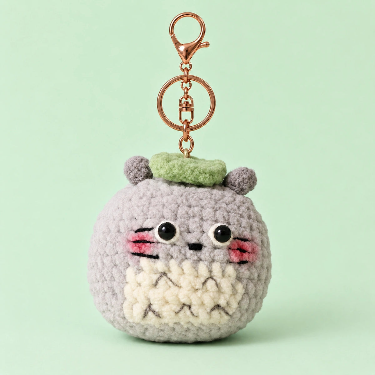 Blushing Gray Leaf-Hat Forest Creature Crochet Plush Keychain