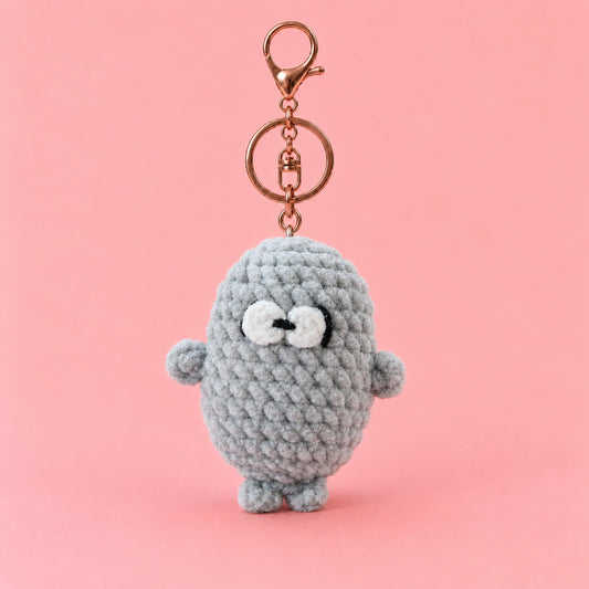 Gray Wide-Eyed Oval Creature Crochet Plush Keychain