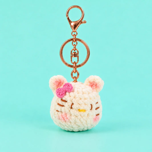 White Cat Pink Bow Crochet Plush Keychain