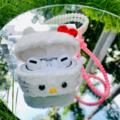 White Cat Red Bow Crochet AirPods Case