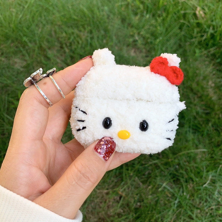 White Cat Red Bow Crochet AirPods Case