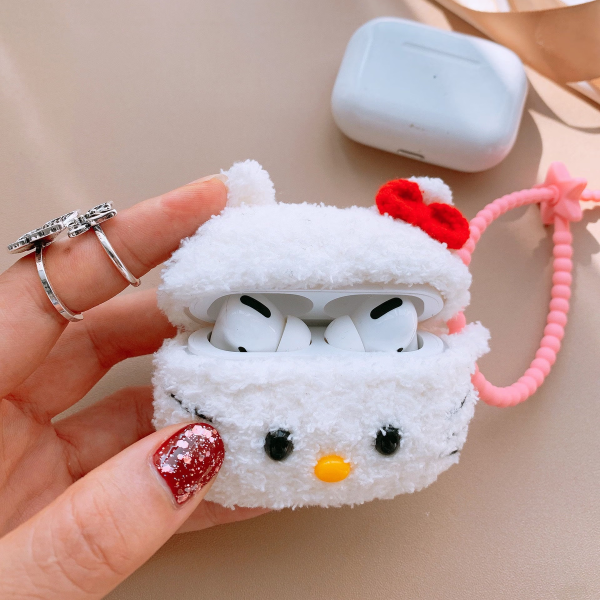 White Cat Red Bow Crochet AirPods Case